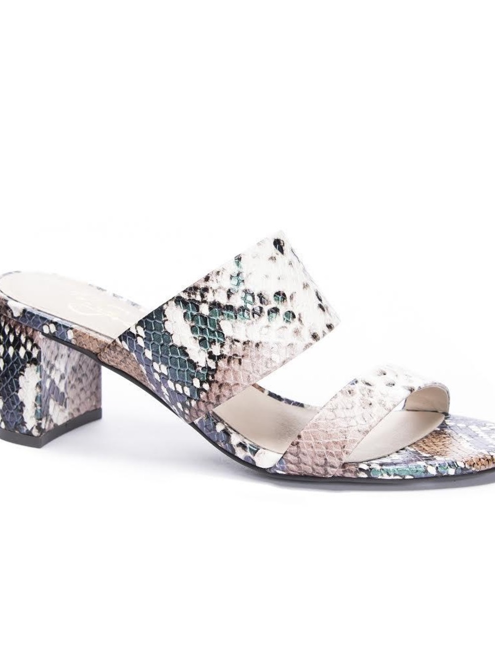 42 GOLD Snake-Print Two-Strap Mule in Cream, Teal & Black